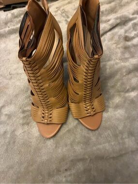 BCBGeneration Cognac Woven Cutout Peep-Toe Heels